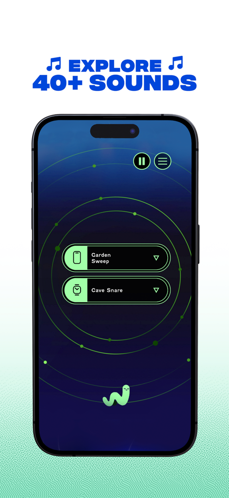 WORM.dance - WORM dance app screenshot showing the sound selection screen with options for phone and watch sensors