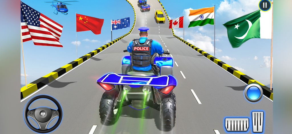 Un oficial de policía conduciendo un ATV azul en una pista elevada rodeado de banderas internacionales y un helicóptero de policía.