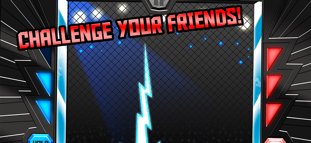 An MMA arena cage with a lightning bolt and the text Challenge Your Friends