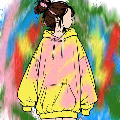 realistic girl with a oversized sweatshirt on and a bun