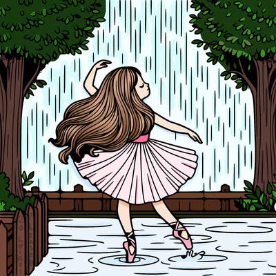 girl doing ballet in the rain with realistic hair and trees
