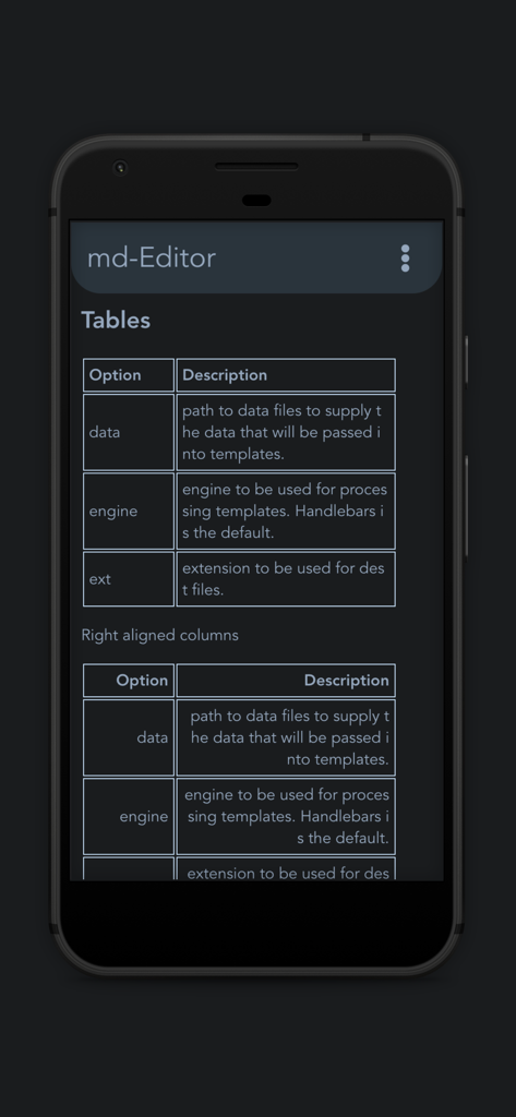 Markdown Editor and Reader app interface showing rendered tables with technical documentation