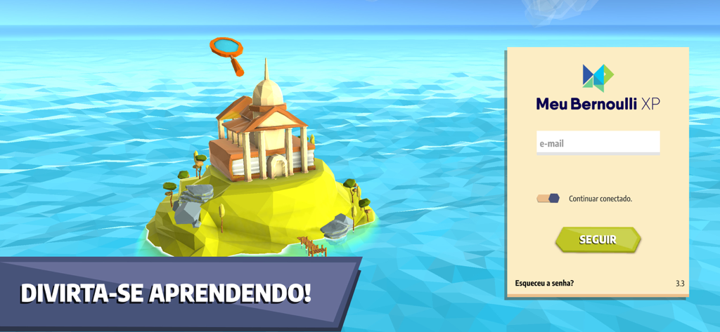 Tela de login do aplicativo educacional Meu Bernoulli XP com uma ilha 3D low poly com um prédio escolar.