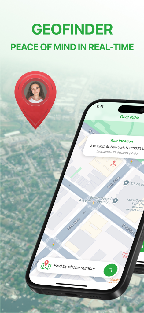 Geofinder app showing real-time GPS location on a map
