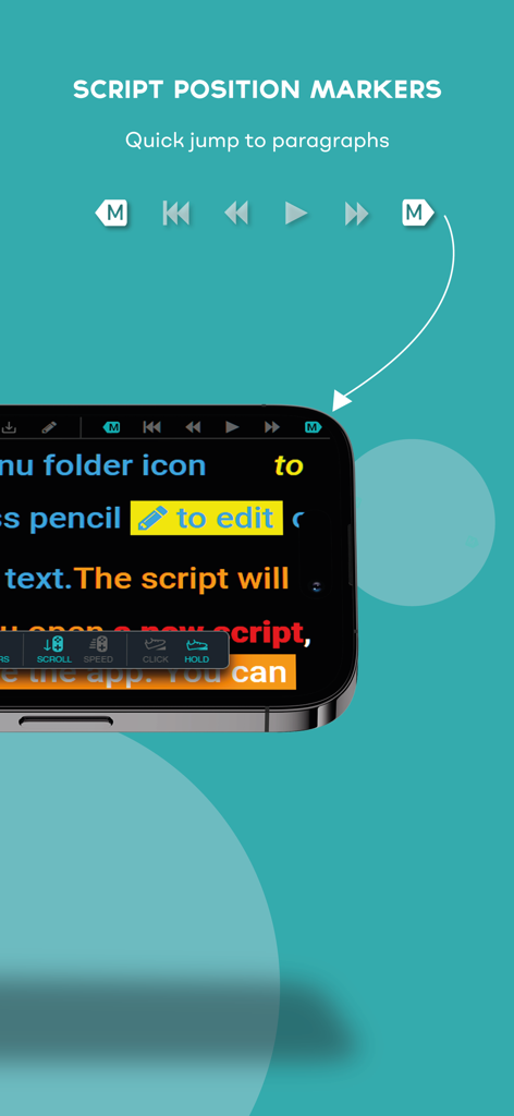 TeleprompterPAD - Interface do aplicativo TeleprompterPAD mostrando marcadores de posição de roteiro para navegação rápida de parágrafos.
