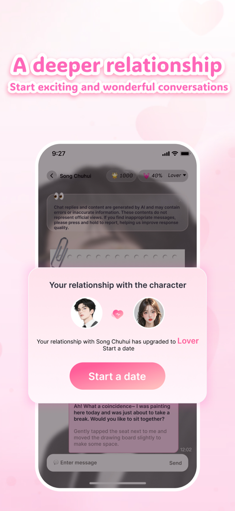 A screenshot of the Smitten app showing a relationship status upgrade to Lover with an AI character and a button to start a date.