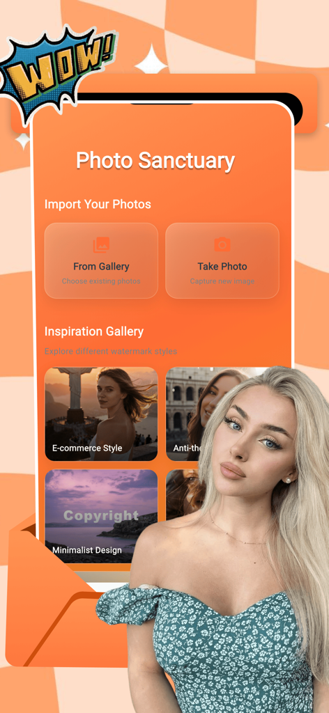 Mobi - Glow & Share - Mobi app user interface showing photo import options and an inspiration gallery of watermark styles.