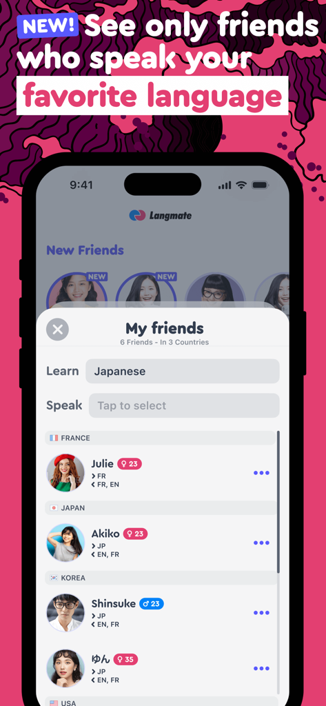 Interface do aplicativo Langmate mostrando uma lista de amigos internacionais com filtros para aprender japonês