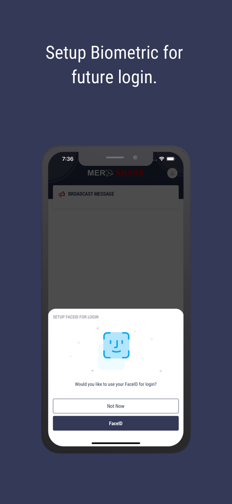 Interface de l'application MeroShare montrant la configuration de la connexion biométrique FaceID