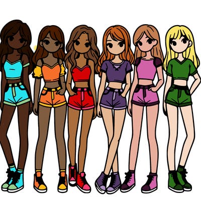 a group of girls wearing crop tops and shorts