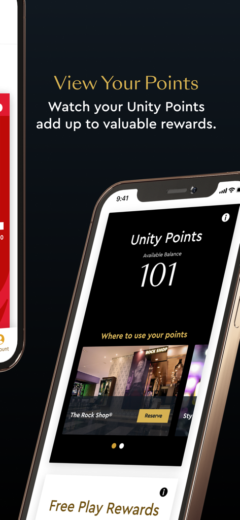 Unity by Hard Rock app displaying a loyalty points balance and reward redemption options
