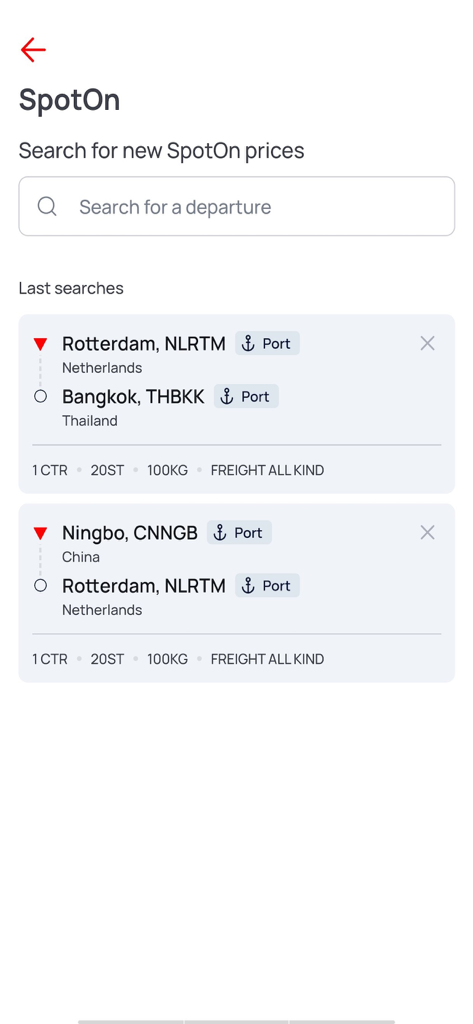 The SpotOn search interface in the APL Shipping app displaying recent shipping rate searches between global ports