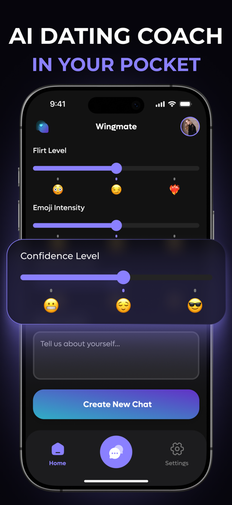 Rizz AI Dating: RizzGen - Mobile app interface showing sliders to customize flirt level, emoji intensity, and confidence for AI-generated dating responses.