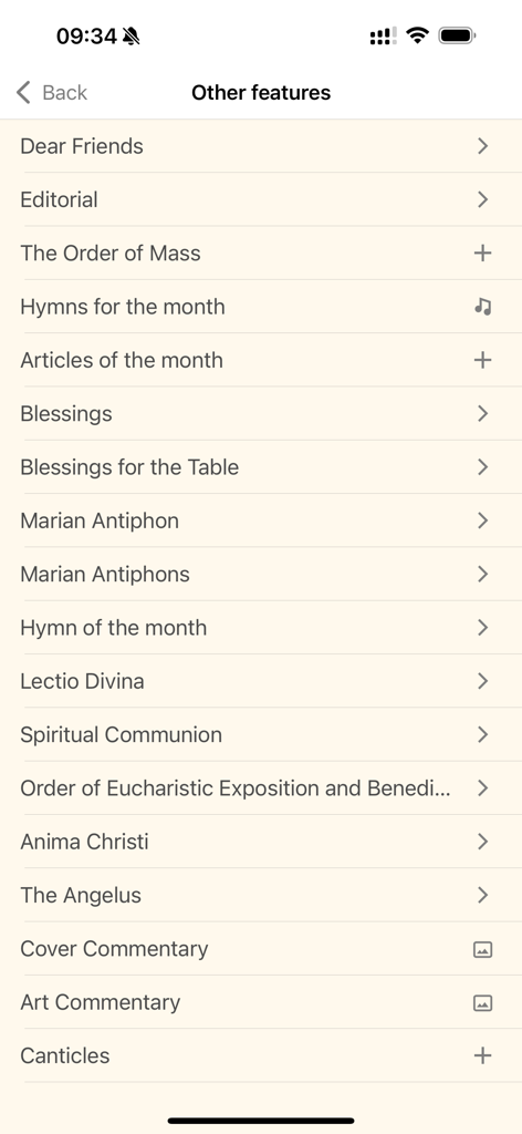 Una lista de recursos religiosos suplementarios en la aplicación Magnificat, incluyendo el Orden de la Misa y cantos