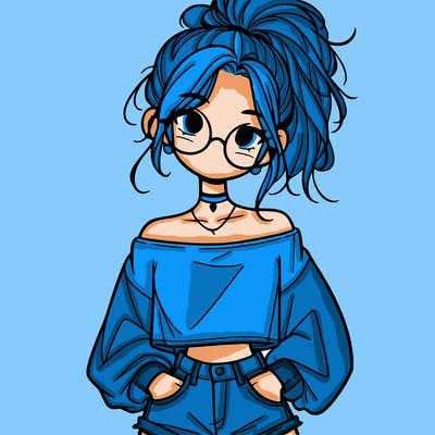 girl with a messy ponytail glasses a baggy crop top and jean shorts