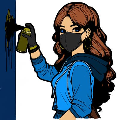 realistic girl with mask spray painting a wall