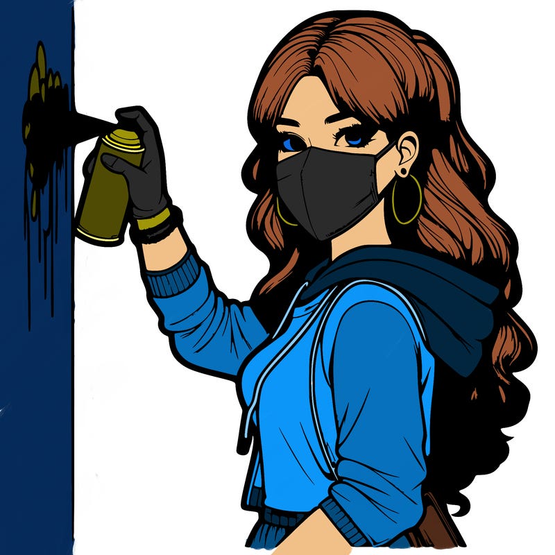 realistic girl with mask spray painting a wall