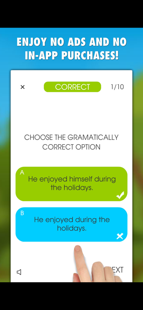 Screenshot of a grammar quiz in the My English Grammar Test PRO app showing two sentence choices and a correct answer indicator