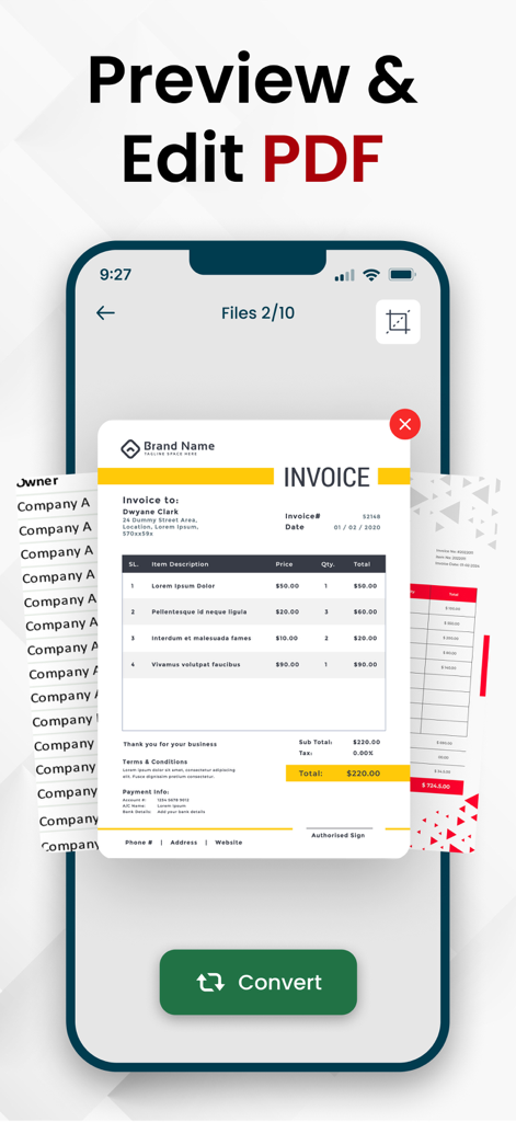 変換前にPDF請求書のプレビューと編集インターフェイスを示すモバイルアプリ画面