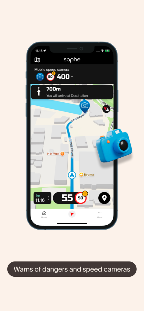 Saphe Link App-Oberfläche mit Karte, mobiler Blitzerwarnung und Navigationsdistanz