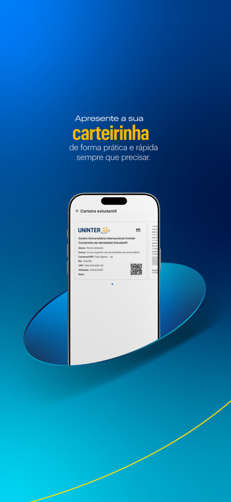 Uma carteirinha de estudante digital exibida em uma tela de smartphone dentro do aplicativo móvel Uninter.