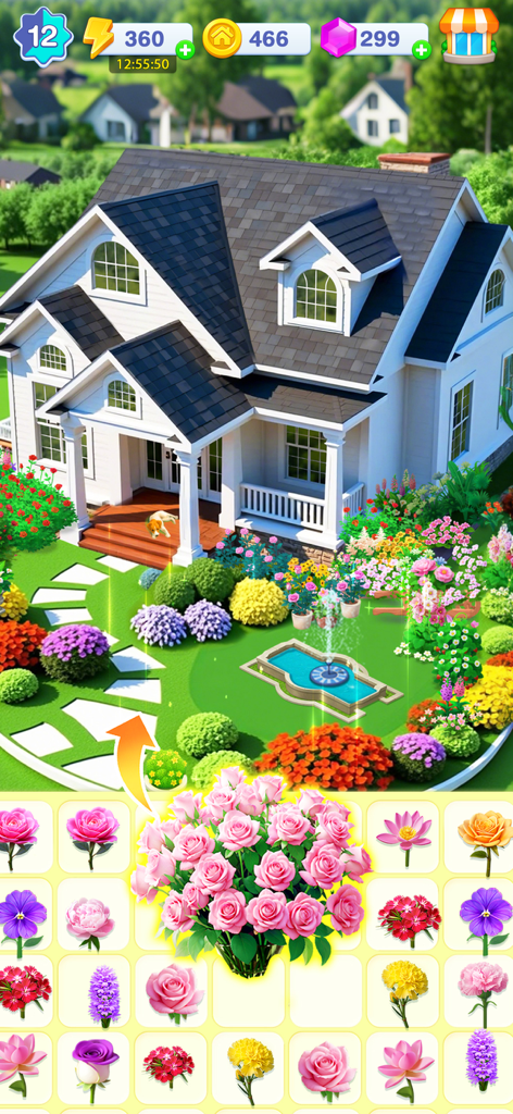 Gameplay of Merge Home Master showing a garden renovation with a flower merge puzzle