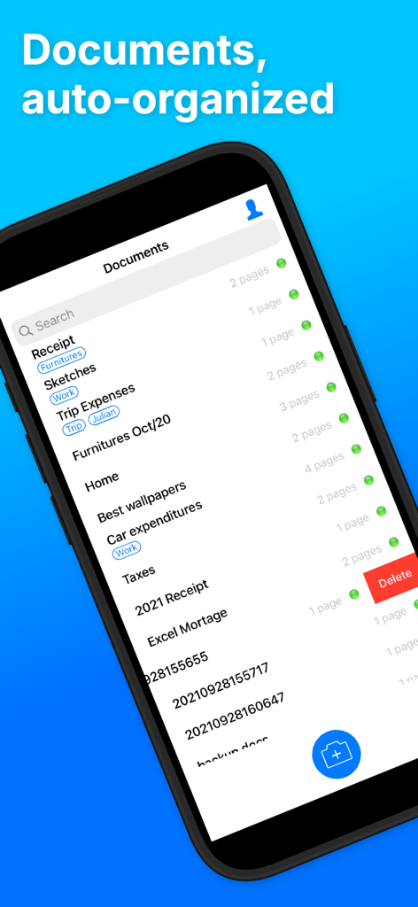 Expert Scan app interface showing a list of organized scanned documents with custom tags and search functionality