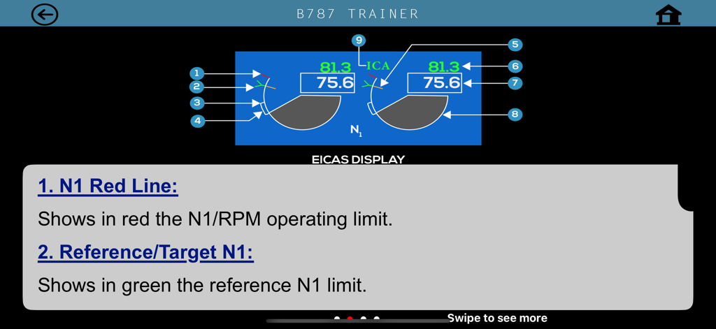 B787 Cockpit Pilot Trainer - Boeing 787 cockpit trainer app showing an EICAS display for engine N1 RPM with detailed labels