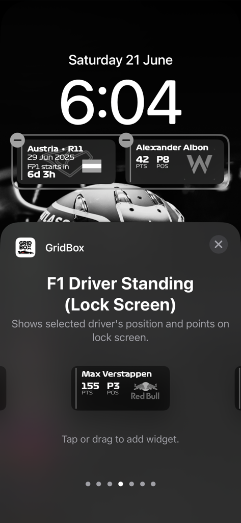 iPhone lock screen featuring F1 driver standing and race countdown widgets with customization options