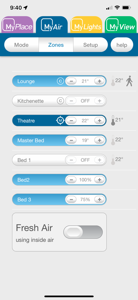 MyPlace app interface showing individual room temperature and air conditioning controls