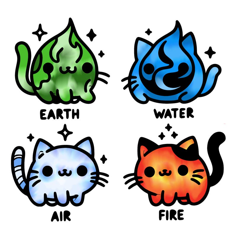 4 cats that represent the different elements, earth, water, air, and fire