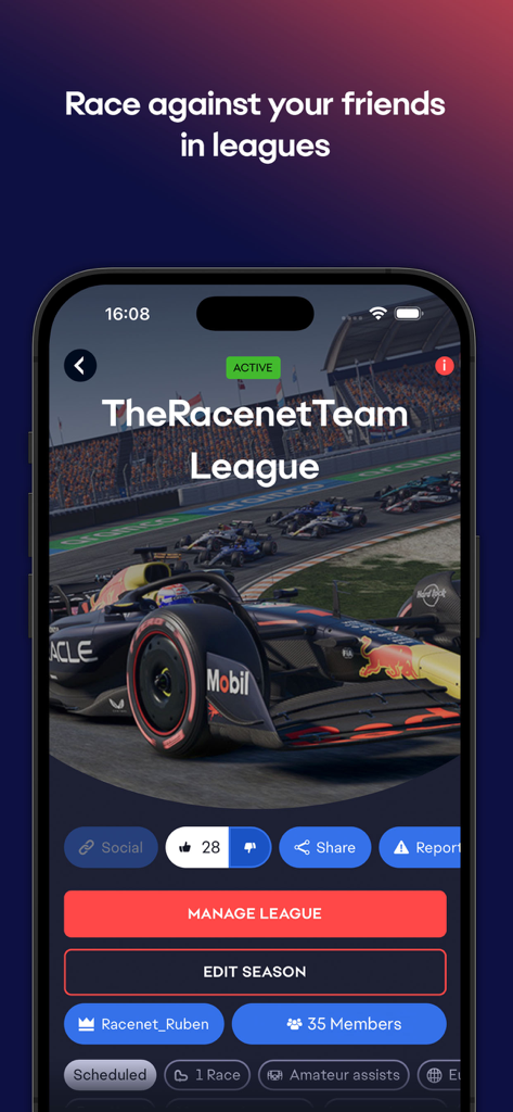 EA Racenet - EA Racenet app interface showing the leagues feature with a Formula 1 car and management options.