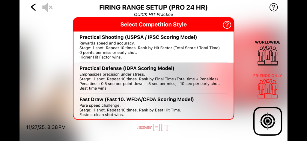 LaserHIT app screen for choosing competition styles including USPSA and IDPA scoring models for dry fire practice.