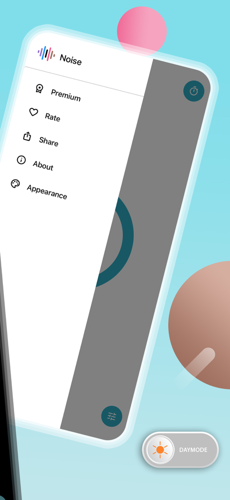 Noise: Green, Brown, White - Menú lateral de la aplicación Ruido que muestra la configuración y un interruptor de modo día.