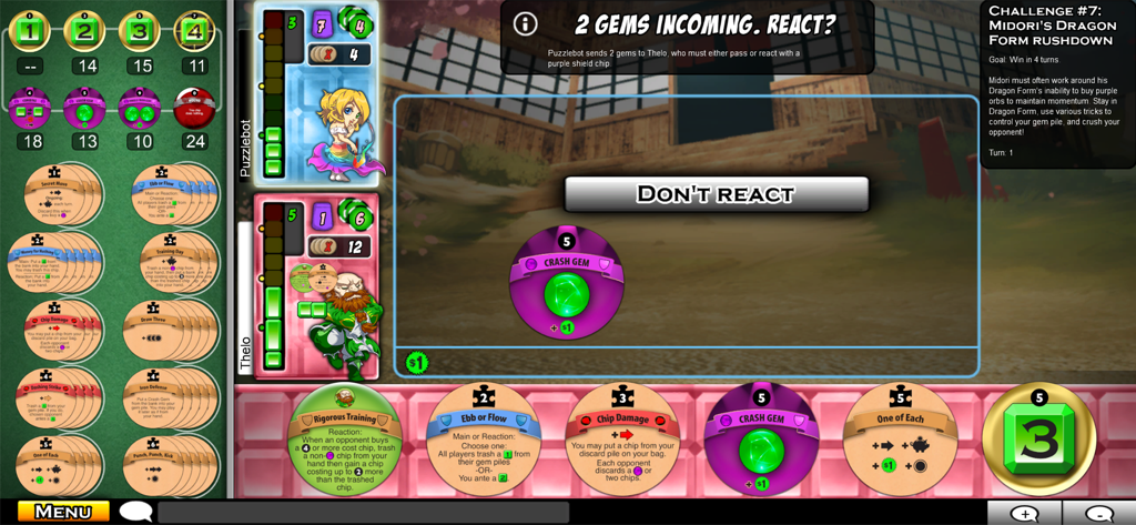 Puzzle Strike - In-game screenshot of Puzzle Strike showing a deckbuilding puzzle match in challenge mode with character chips and gems.