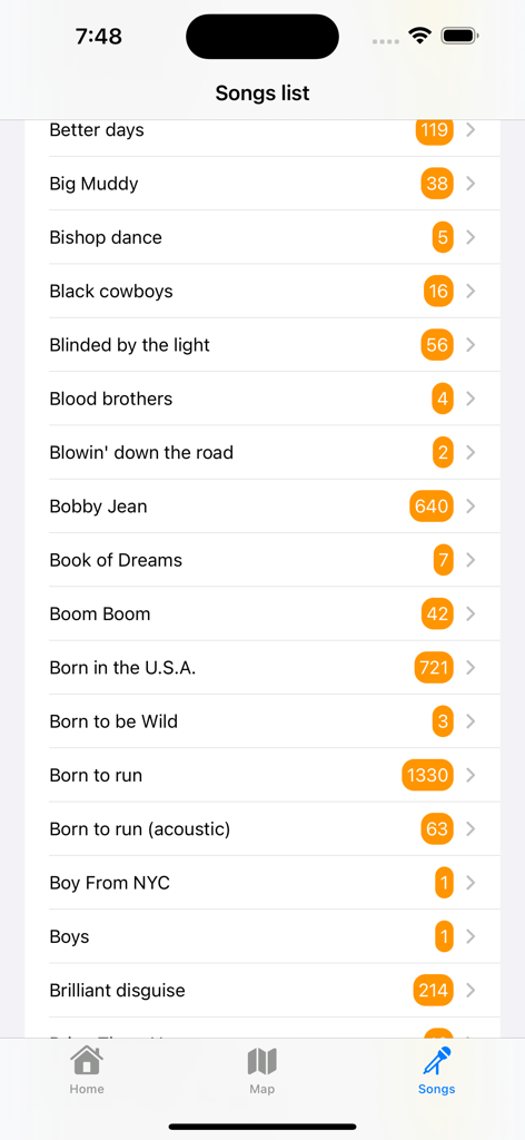 A list of Bruce Springsteen songs in the app showing how many times each song has been performed live.
