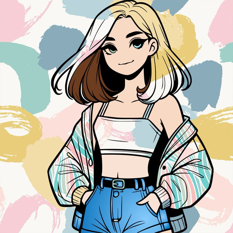 a realistic girl with a crop top and short shorts in an open jacket