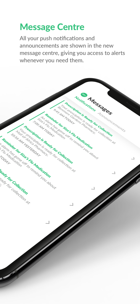 Dis Chem app screen showing prescription ready notifications and medication reminders