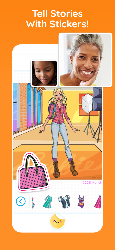 A grandmother and child on a video call using the Caribu app to play with Barbie digital stickers.