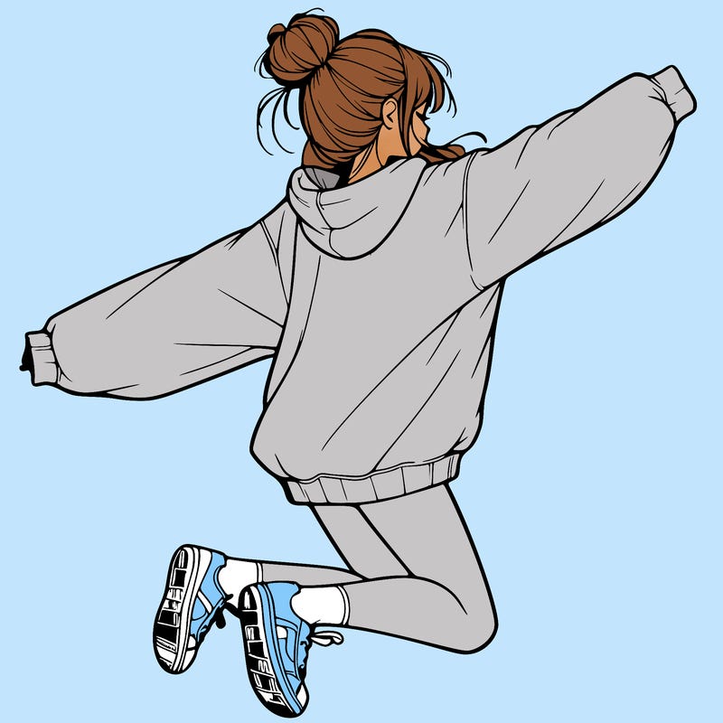 realistic girl jumping with a bun and oversized sweatshirt