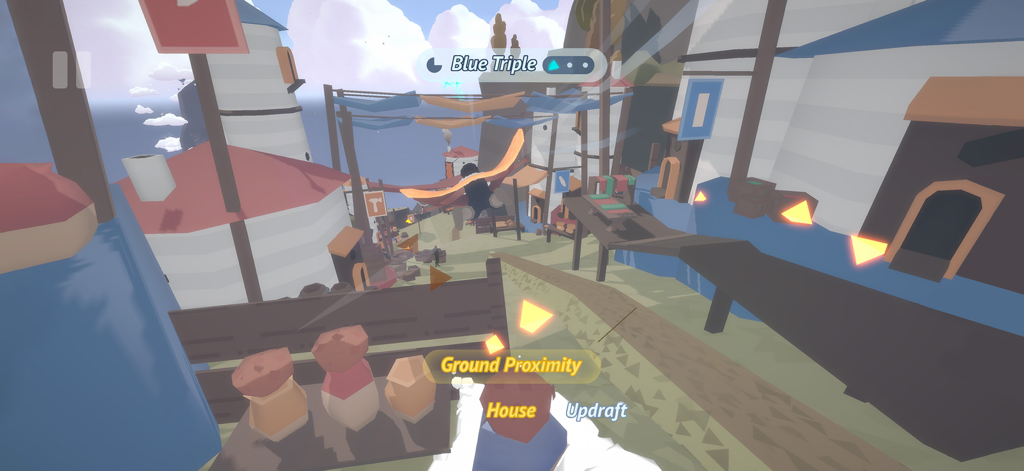 Laya's Horizon - Character gliding through a stylized village in Layas Horizon game