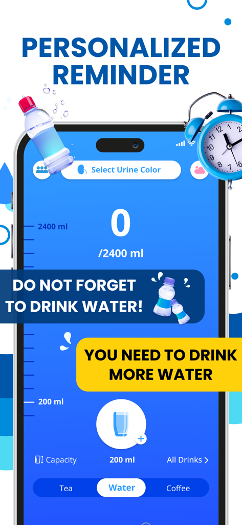 Water Reminder - Drink - Personalized water intake tracking interface showing a daily goal of 2400ml with hydration alerts and drink categories