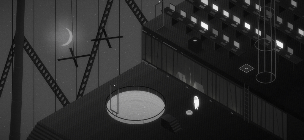 Glowing Starman character in a dark architectural setting with monitors and a crescent moon