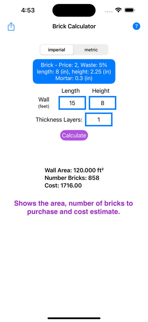 Bricks Estimator app screen showing wall area calculation and estimated number of bricks and cost