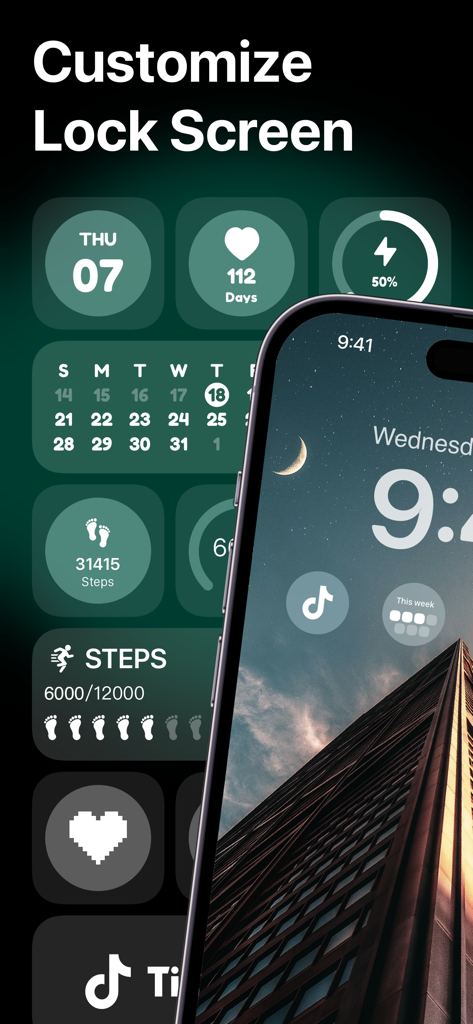 Lock Screen Widgets 16-Widget - Customizable iOS 16 lock screen widgets featuring a step counter, countdown, battery life, and quick app launchers
