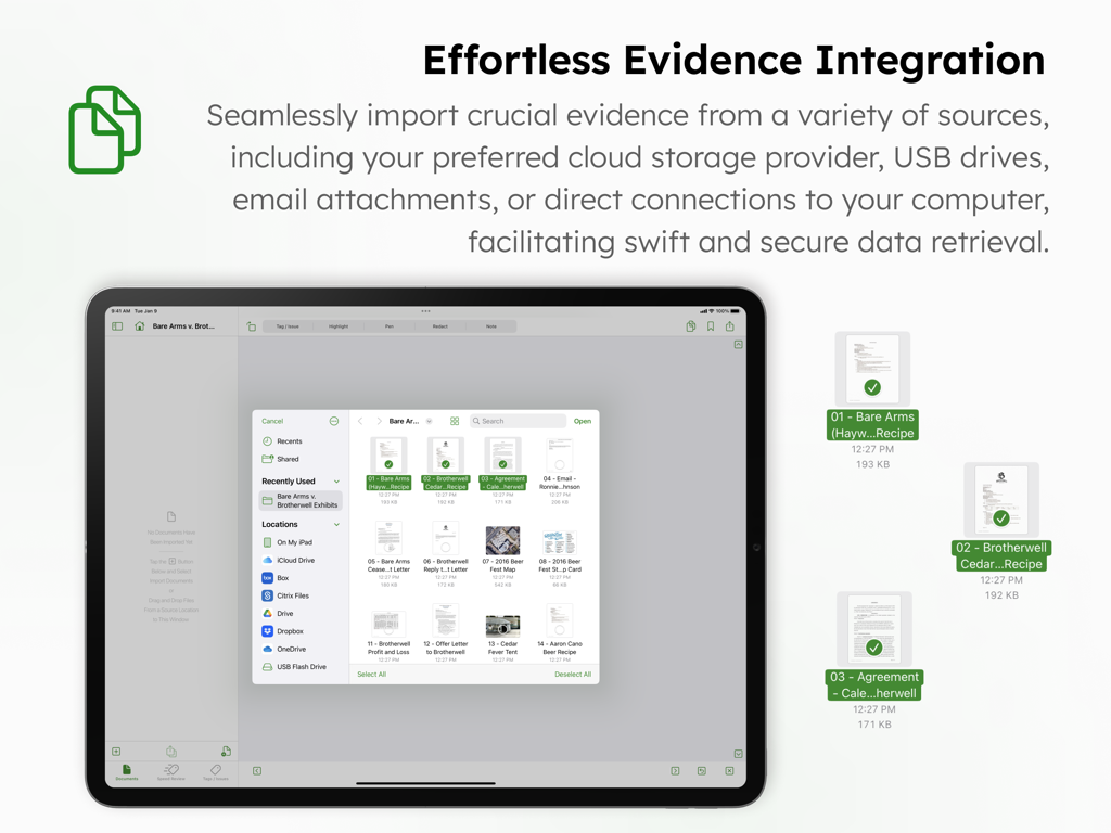 DocReviewPad App auf dem iPad zeigt die Dokumentenimport-Oberfläche für rechtliche Beweismittel aus verschiedenen Cloud-Speicher- und USB-Quellen