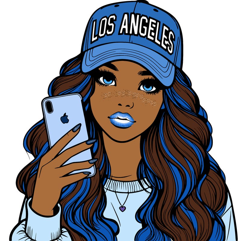 realistic beautiful girl wearing los ángeles cap holding an iphone