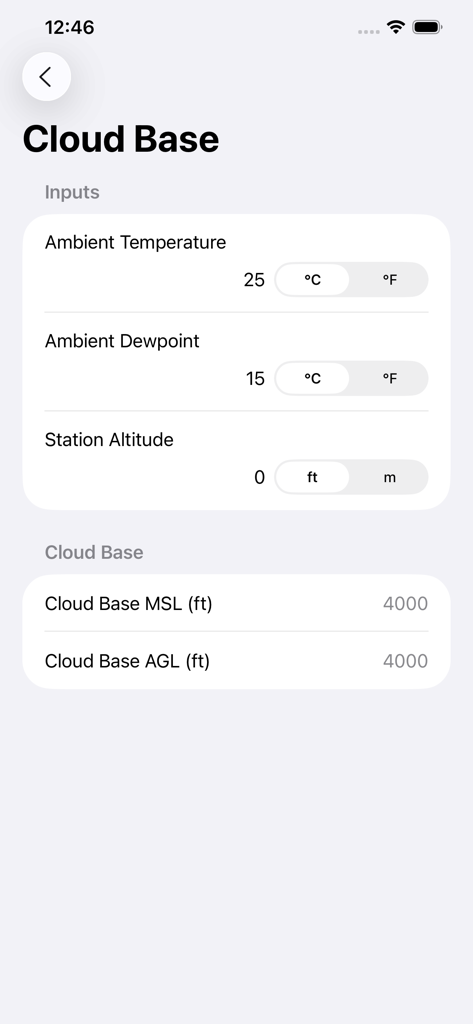 Cloud base calculator interface for pilots displaying temperature and dewpoint inputs with calculated altitude results in feet