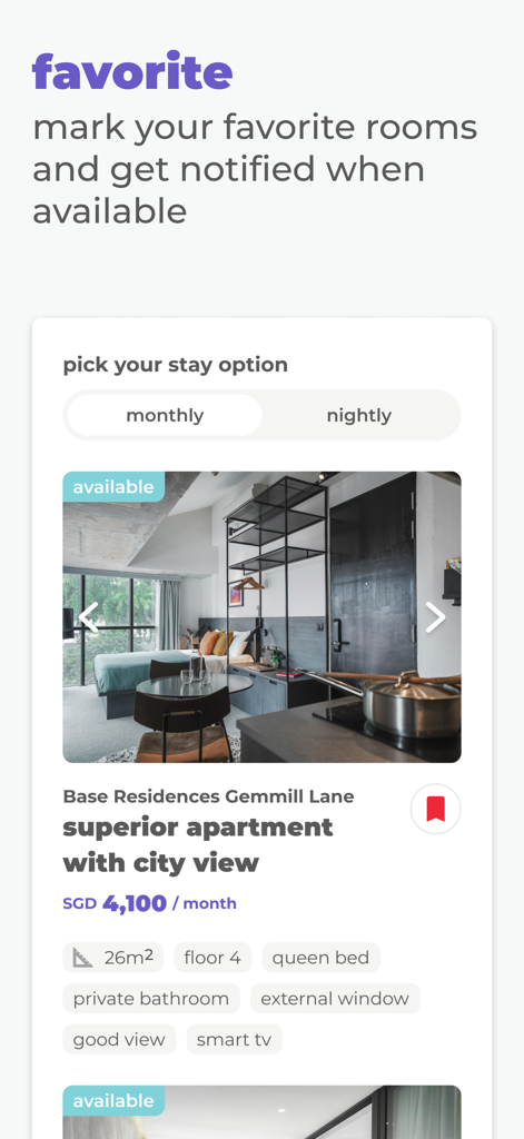 Cove: Co-living & Apartments - お気に入りボタンと部屋の詳細が表示された、優れたアパートのリスティングを表示するCoveアプリの画面