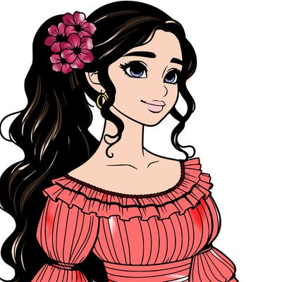 a single latina woman with a side ponytail and a long dress with ruffles. she has a few discreet flowers in her hair. realistic
